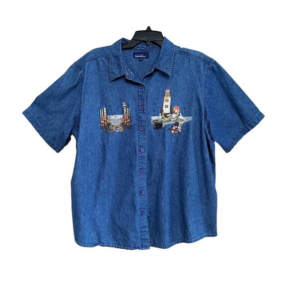 Penningtons Denim Top Womens Plus Size 1X Embroidered Button Up Lighthouse - Picture 1 of 5